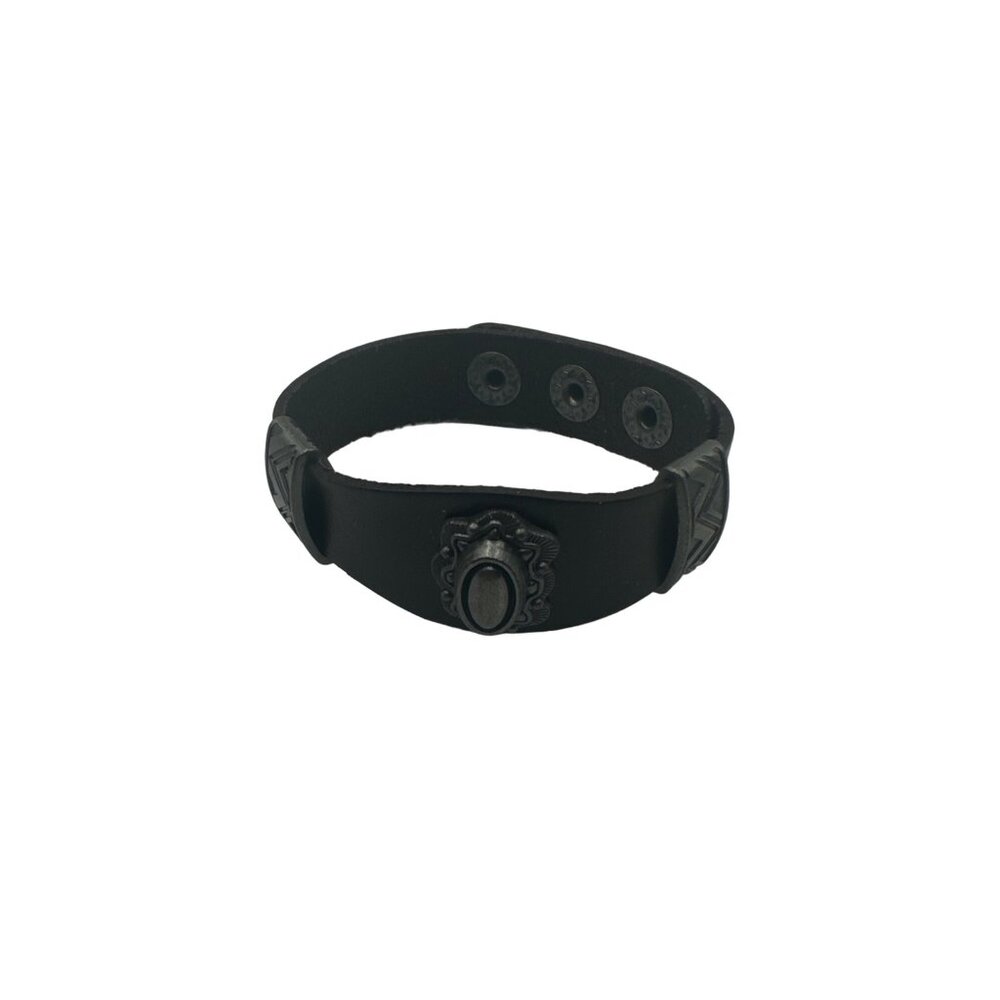 Handcrafted Leather Bracelet With Ornate Metal Accents & Snap Closure - Picture 4 of 7